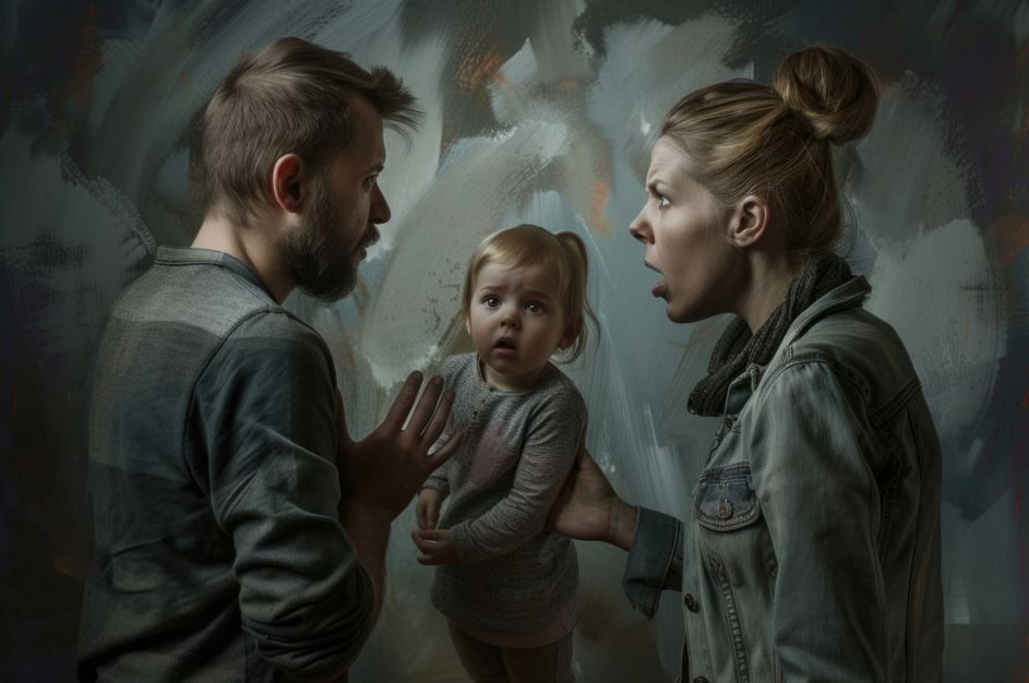 Pareja discutiendo, niño con expresión de sorpresa. Tonos grises, interior.