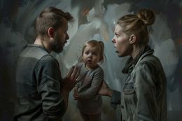 Pareja discutiendo, niño con expresión de sorpresa. Tonos grises, interior.