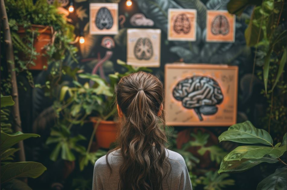 Una mujer mira diagramas cerebrales en un entorno verde y exuberante.