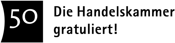 a black and white sign that says 50 die handelskammer gratuliert