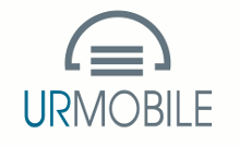 El logotipo de Urmobile es un logotipo gris y azul sobre un fondo blanco.