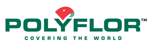 Un logotipo verde y rojo para Polyflor que cubre el mundo.