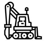 Un icono en blanco y negro de una excavadora sobre un fondo blanco.