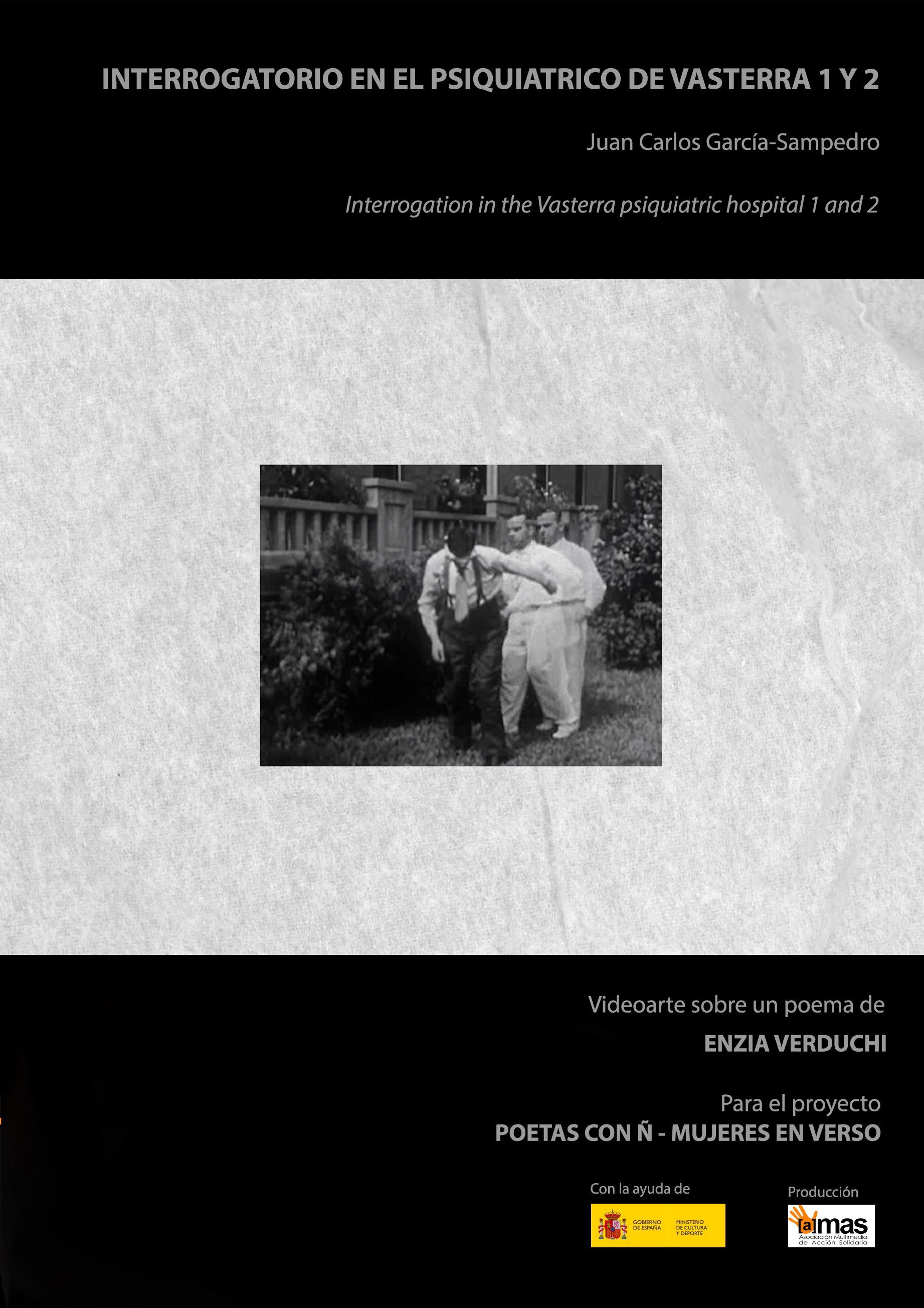 Portada del libro: Interrogatorio en el pabellón psiquiátrico. Fotografía en blanco y negro de personas, título y nombre del autor.