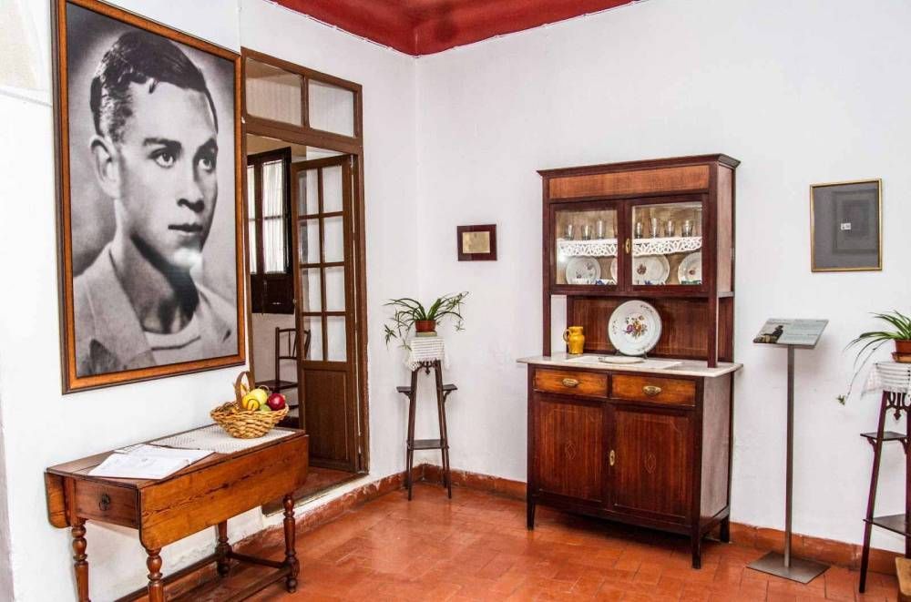 Habitación interior con retrato, muebles antiguos y plantas.