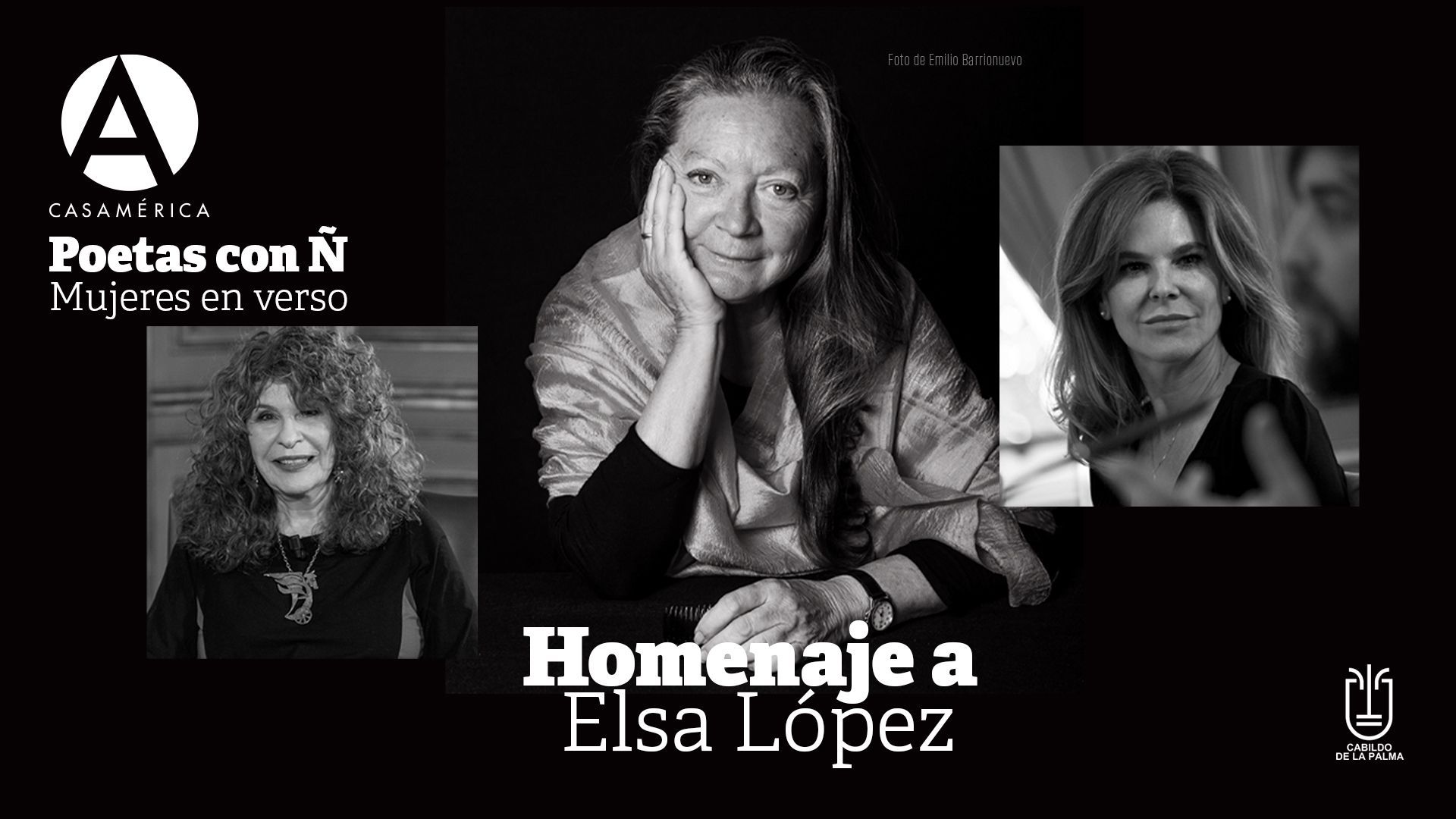 Black and white graphic: tribute to Elsa López with portraits of women,