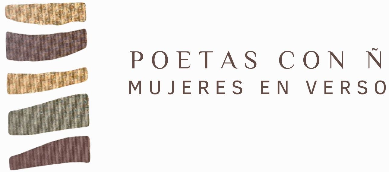 Logo with the text "Poetas con Ñ, Mujeres en Verso" next to a stack of horizontal rectangles.