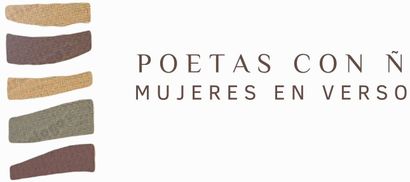 Logo with the text "Poetas con Ñ, Mujeres en Verso" next to a stack of horizontal rectangles.