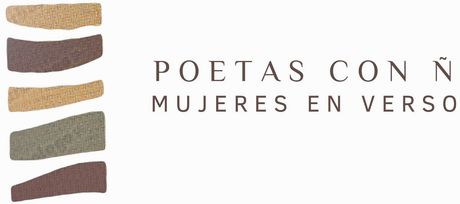 Logo with the text "Poetas con Ñ, Mujeres en Verso" next to a stack of horizontal rectangles.