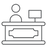 Un dibujo en blanco y negro de un escritorio con una computadora encima.