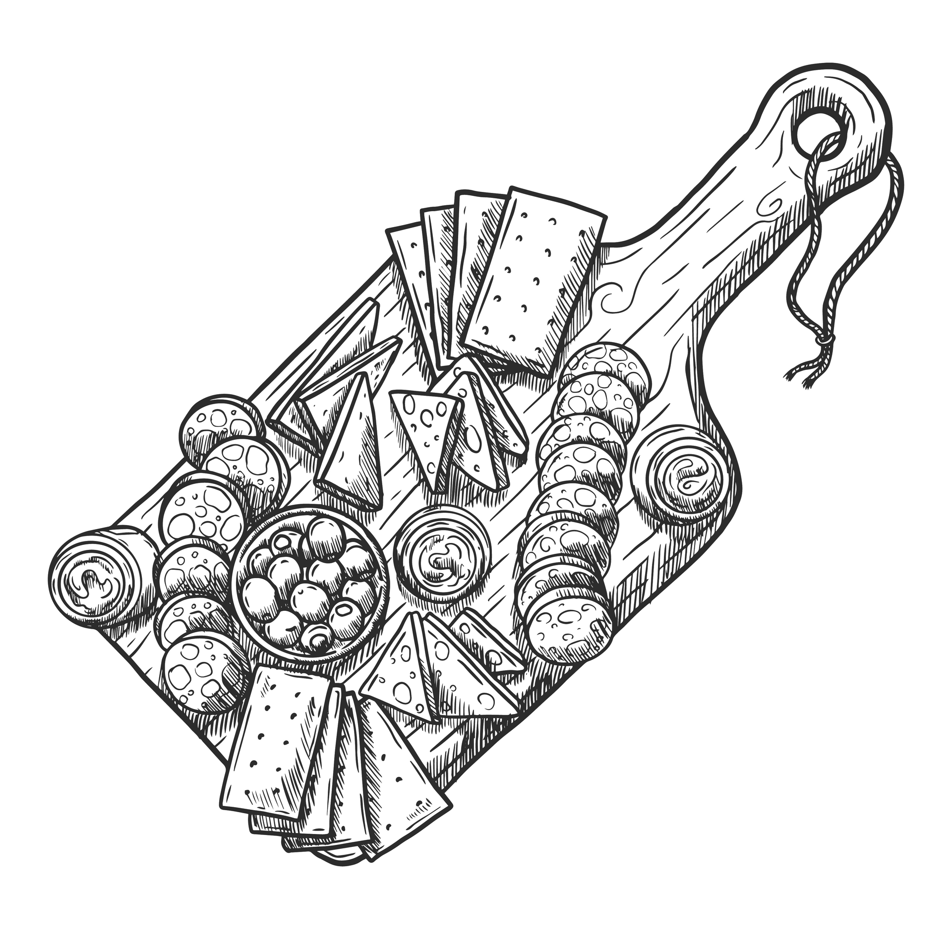 Dessin d'un plateau de charcuterie et fromages
