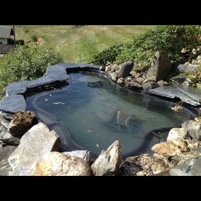 Un petit étang entouré de rochers et d'herbe avec une maison en arrière-plan