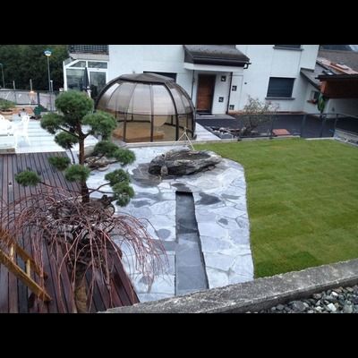 Une vue aérienne d'un jardin avec un belvédère et un bonsaï.