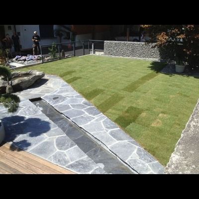 Une pelouse verte luxuriante avec une allée en pierre qui y mène.