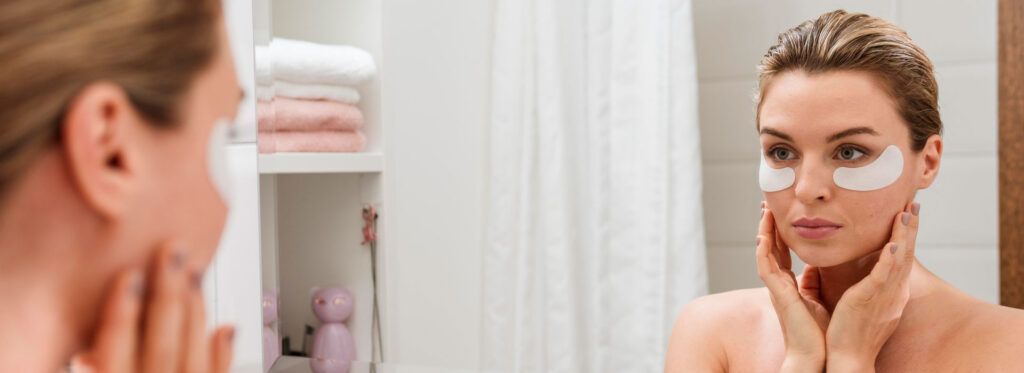 Una mujer se aplica parches en los ojos frente a un espejo.