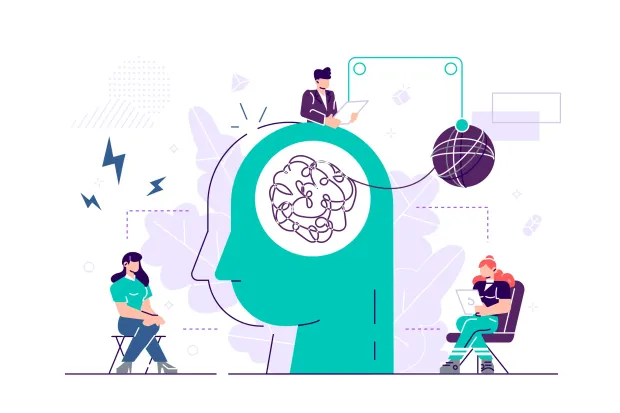 Un grupo de personas está sentado alrededor de una cabeza verde con un cerebro dibujado en ella.