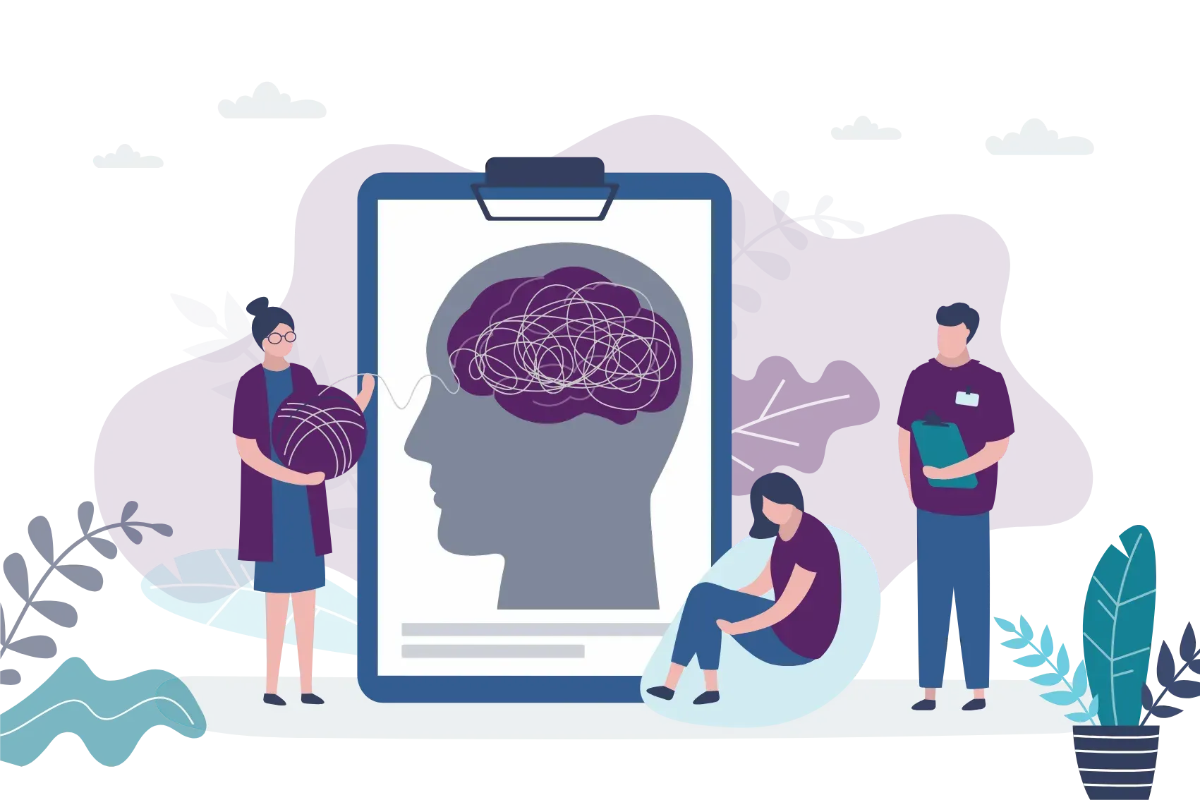 Un grupo de personas están de pie alrededor de un portapapeles con un cerebro sobre él.