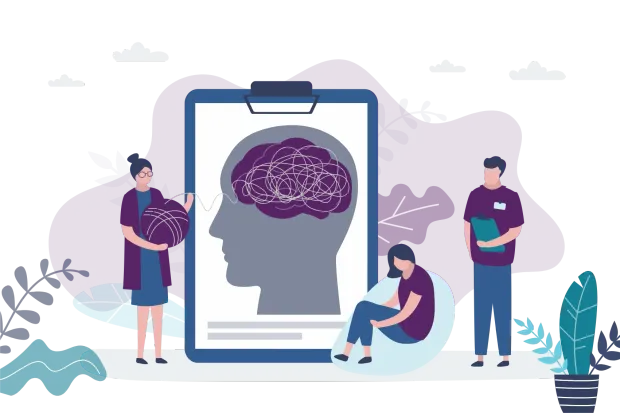 Un grupo de personas están de pie alrededor de un portapapeles con un cerebro sobre él.