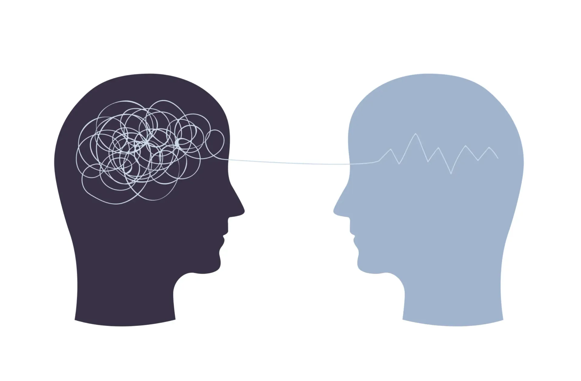 Una silueta de la cabeza de una persona con un cerebro desordenado hablando con otra persona.