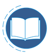 Un libro abierto en un círculo azul sobre un fondo blanco.