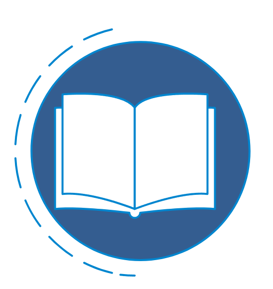 Un libro abierto en un círculo azul sobre un fondo blanco.