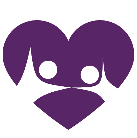Un corazón morado con una cabeza de perro dentro.