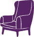 Una silla morada está sentada sobre un fondo blanco.