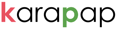 Karapap-logo punaisella ja mustalla tekstill&auml;, jossa on vihre&auml;n omenan muotoinen teksti.