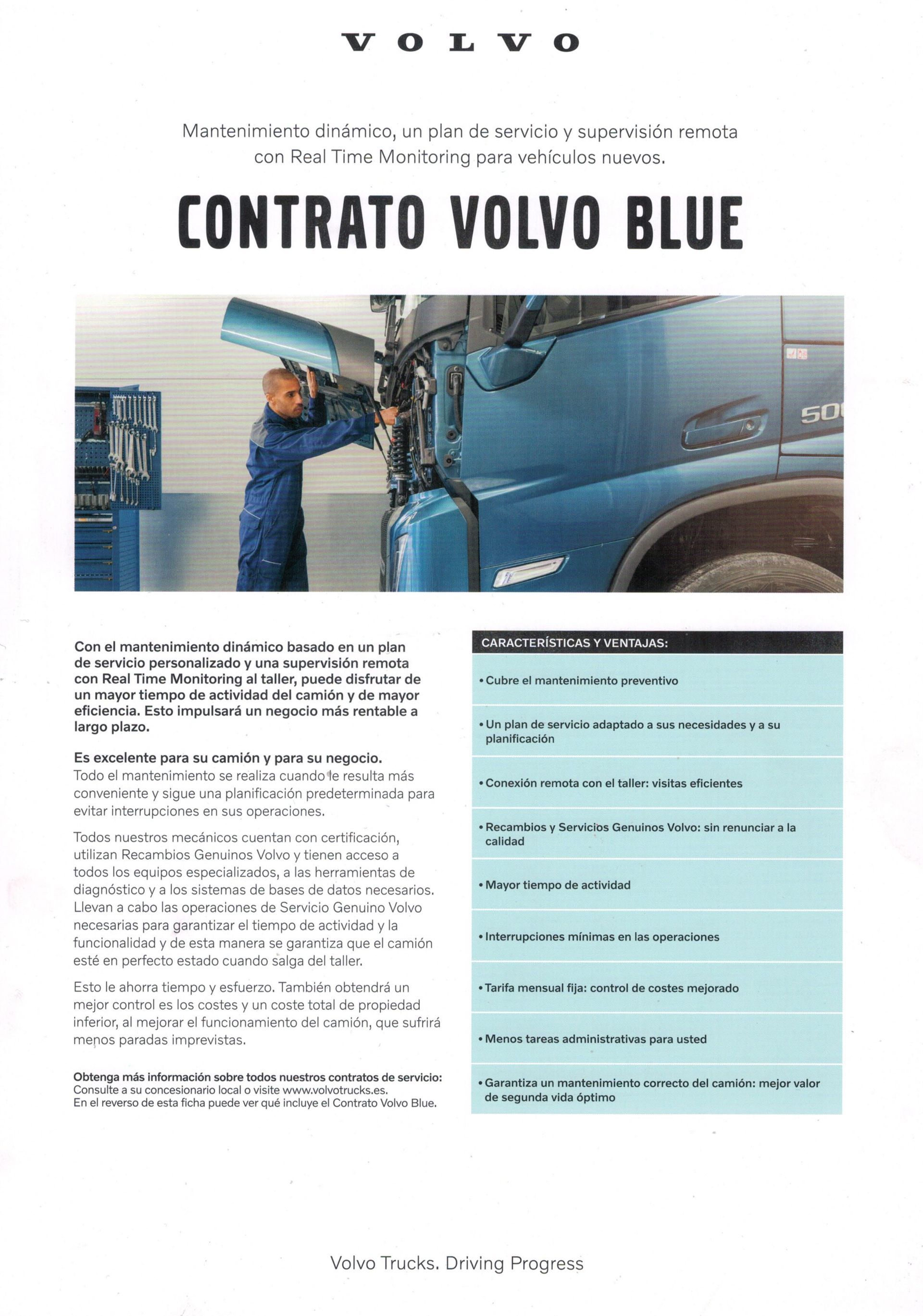 Contrato Volvo Blue, mecánico trabajando en el camión. Color azul. Texto y lista con viñetas sobre los detalles del contrato.