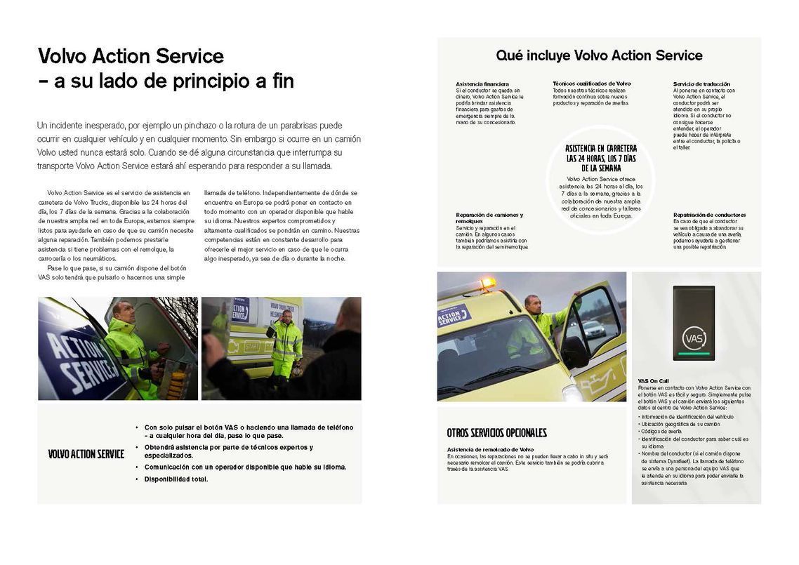 Folleto de Volvo Action Service: texto, fotografías del personal de servicio, ilustraciones de asistencia en carretera.