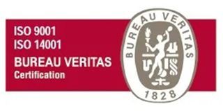 Logotipo de certificación de Bureau Veritas con fondo rojo. Incluye las certificaciones ISO 9001 e ISO 14001.