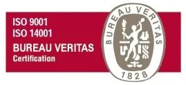 Logotipo de certificación de Bureau Veritas con etiquetas ISO 9001, ISO 14001 y una persona sosteniendo una antorcha.