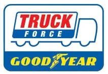 Logotipo de Truck Force con la marca Goodyear. Texto azul y rojo sobre el contorno de un camión con fondo azul.