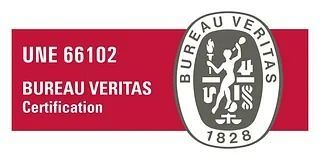 Logotipo de certificación de Bureau Veritas con un rectángulo rojo y texto, un sello circular con una persona y texto.