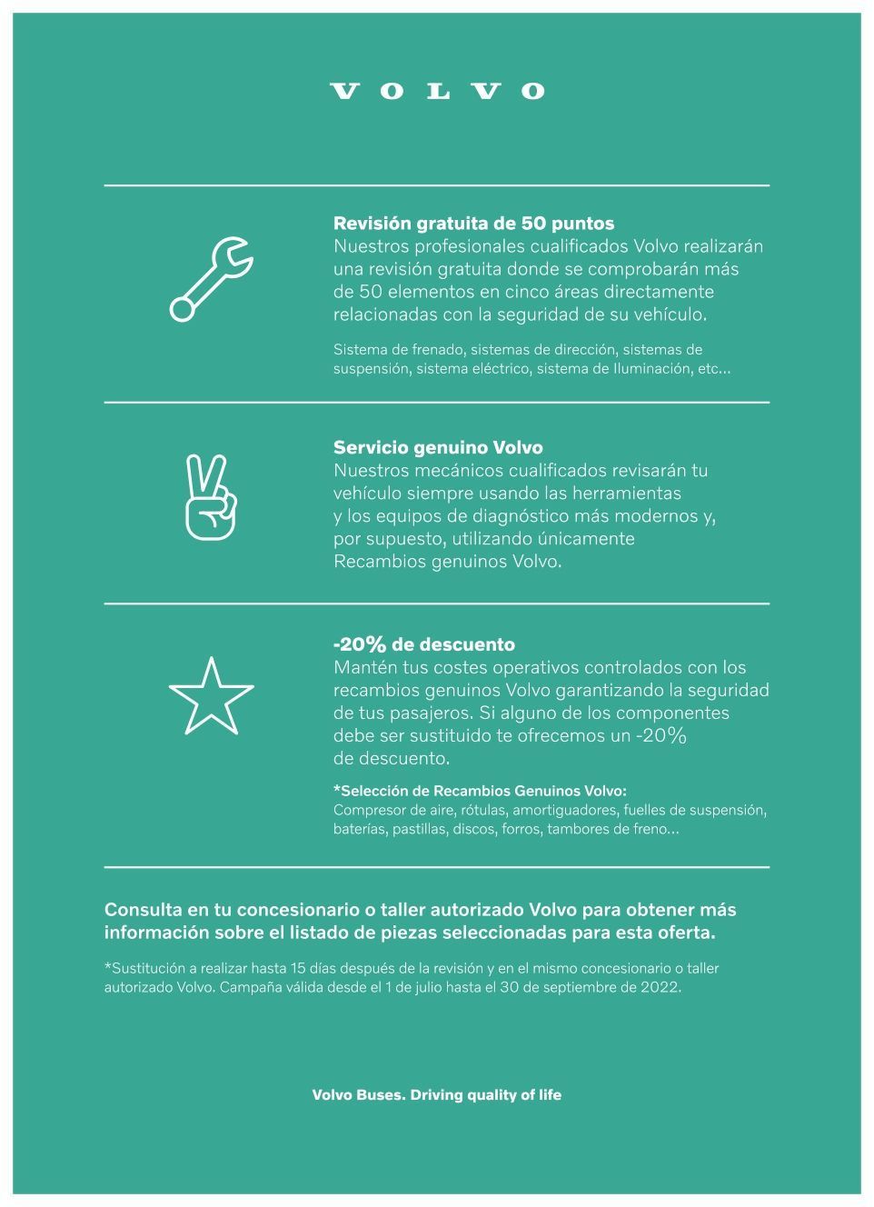 Anuncio de Volvo: Ofrece inspección, servicio y descuentos gratuitos. Fondo verde azulado, texto e iconos blancos.