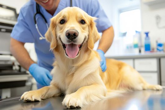 Un perro está acostado en una mesa mientras un veterinario lo examina.