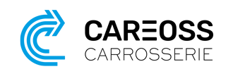 CAREOSS Carrosserie-Logo mit blauem kreisförmigem Pfeilsymbol und schwarzgrauem Text auf weißem Hintergrund