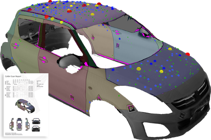 3D-Modell eines grauen Autos mit mehrfarbigen Markierungspunkten und einer kleinen Referenzeinblendung