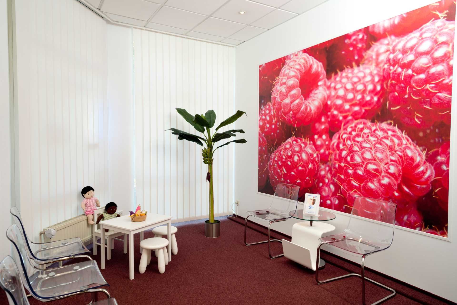 Rotes Wartezimmer der Praxis mit großem Bild von Himbeeren