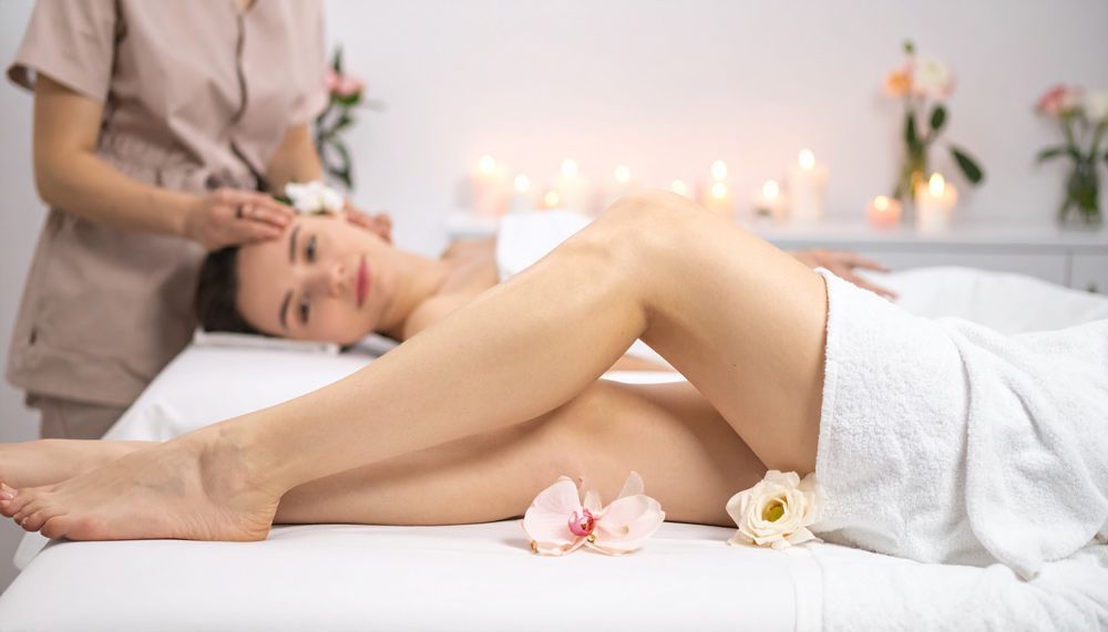 Mujer recibiendo un masaje de cabeza en un spa, piernas cruzadas, flores, velas, entorno blanco.