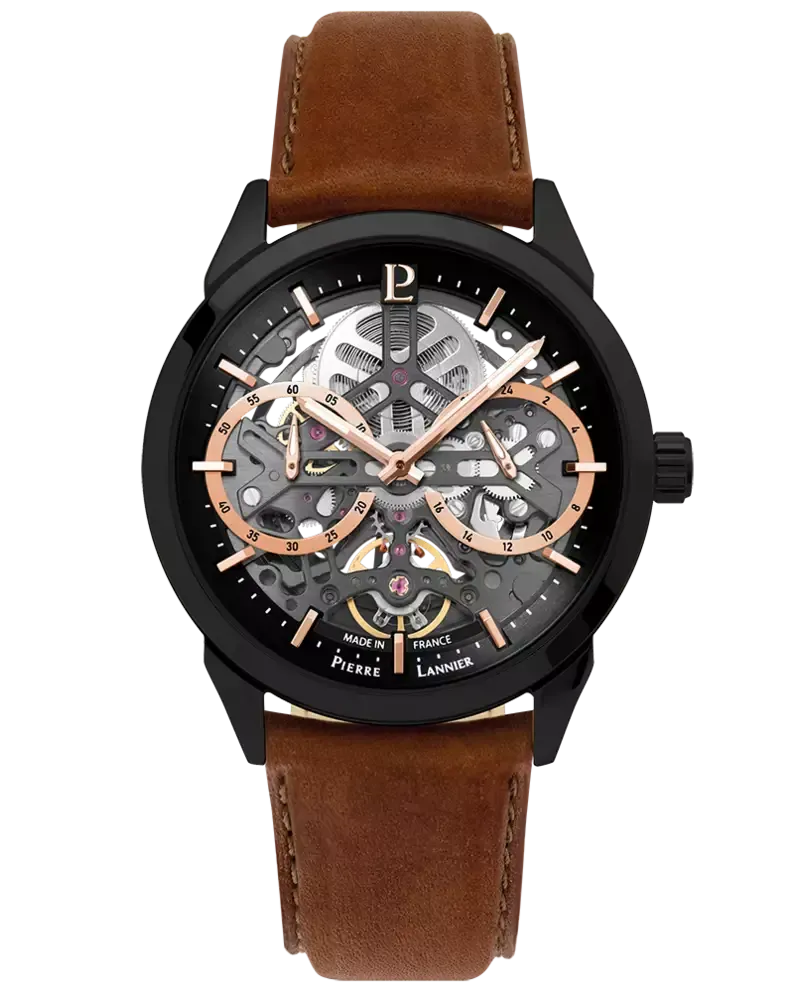 Montre Pierre Lannier noire avec bracelet en cuir marron, cadran squelette et accents en or rose.