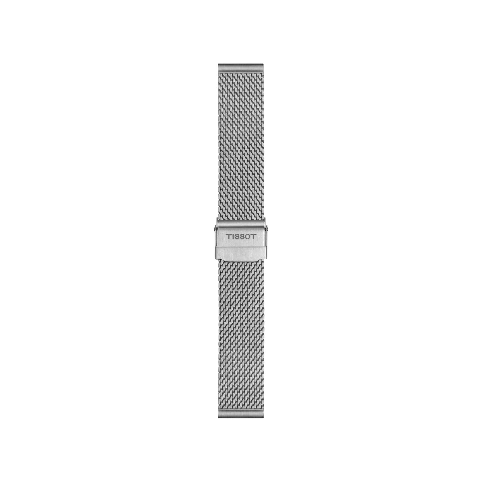 Bracelet de montre Tissot en acier inoxydable argenté avec design en maille et fermoir.