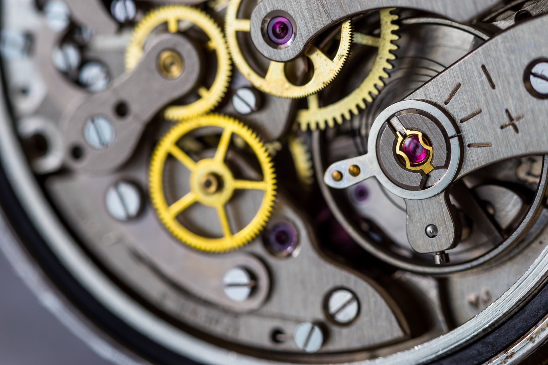 Gros plan sur les engrenages et mécanismes d'une montre, avec des pièces dorées et argentées, et de petits joyaux violets.