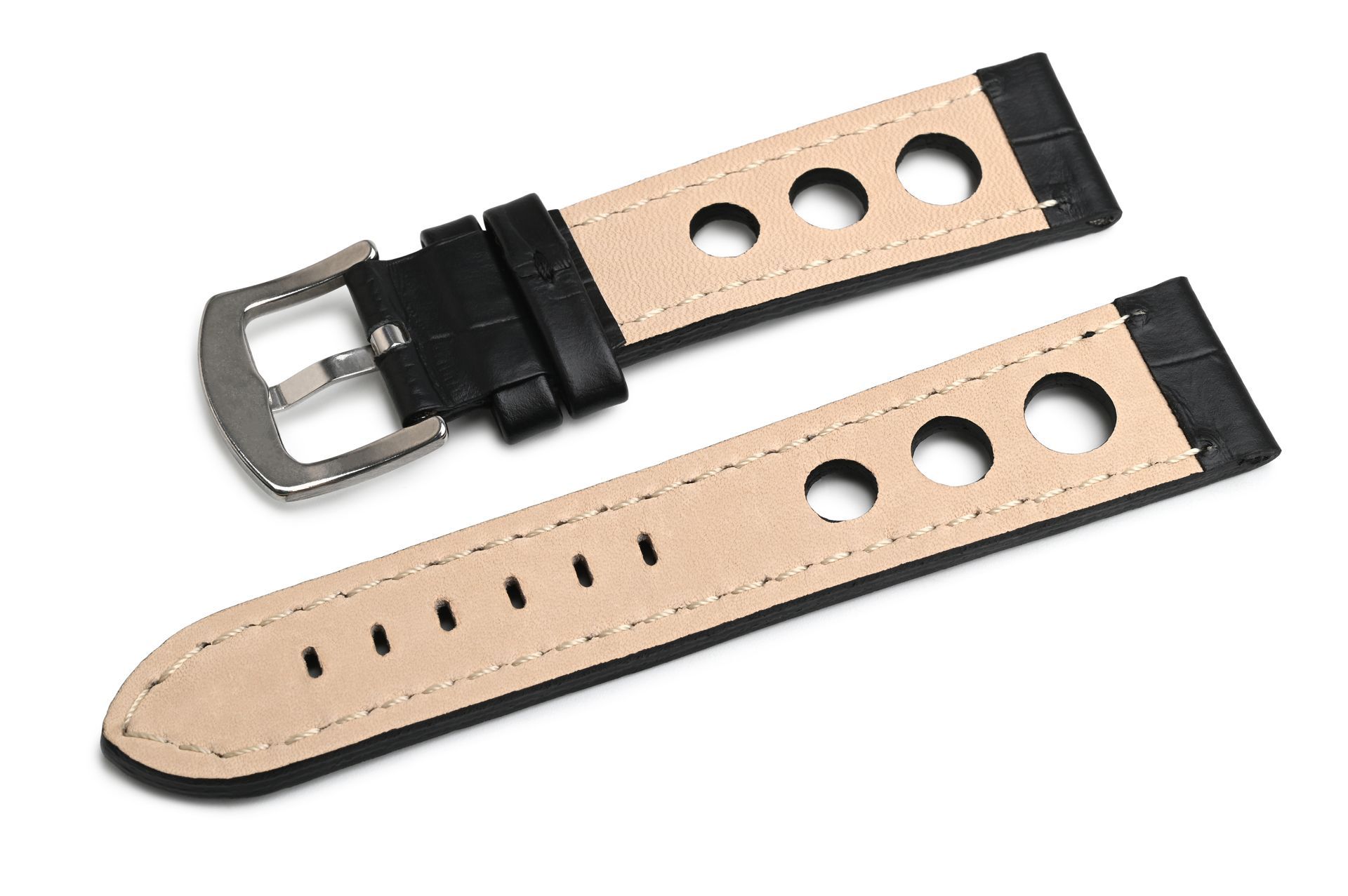 Bracelet de montre en cuir noir et beige avec trous et boucle argentée.