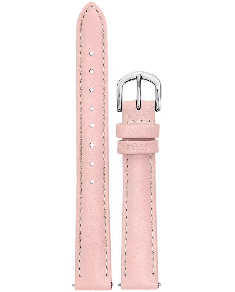 Bracelet de montre en cuir rose avec boucle argentée.