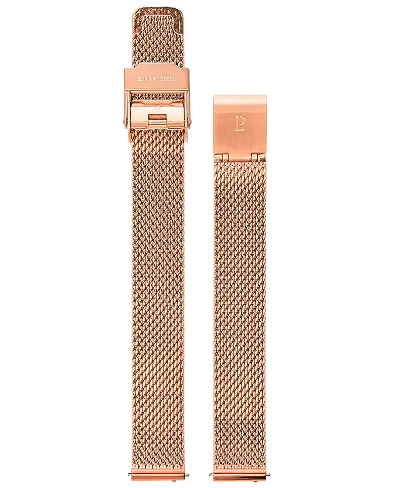 Bracelet de montre en maille or rose, amovible. Fermoir et logo de la marque visibles.