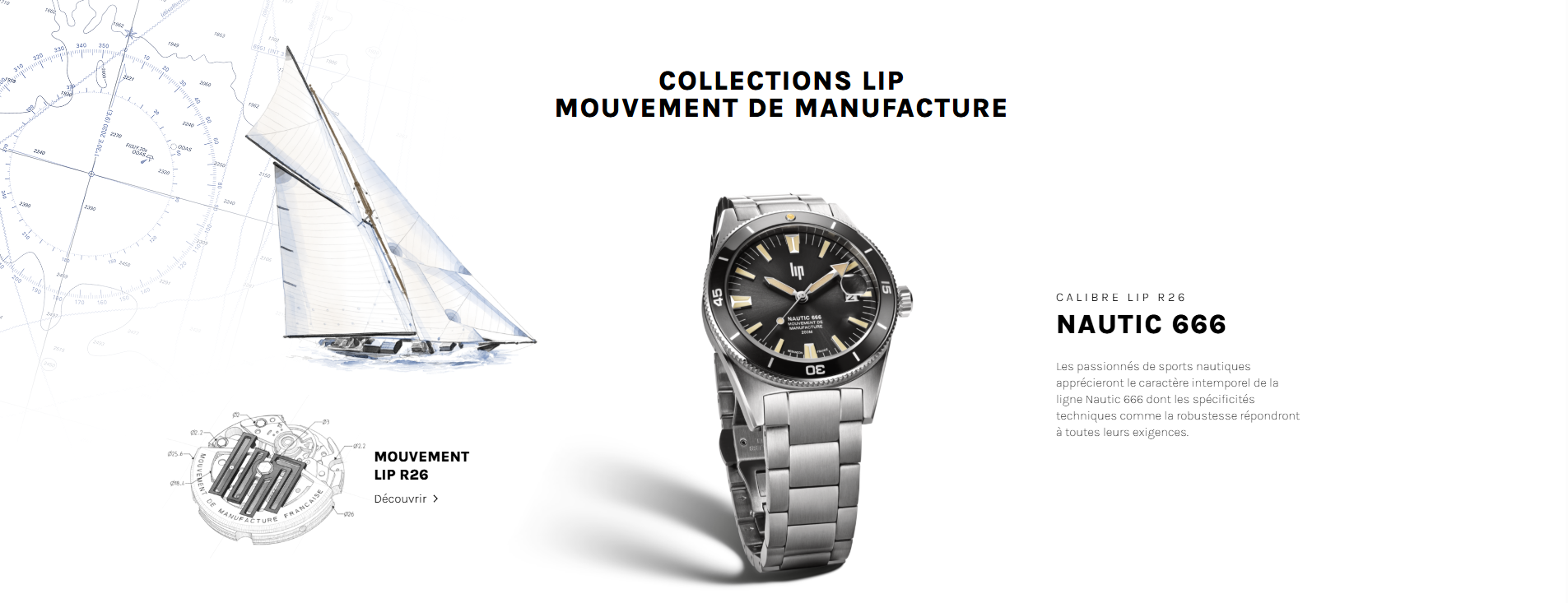 Montre avec bracelet métallique, sur fond blanc. Comporte des dessins techniques et des éléments nautiques.