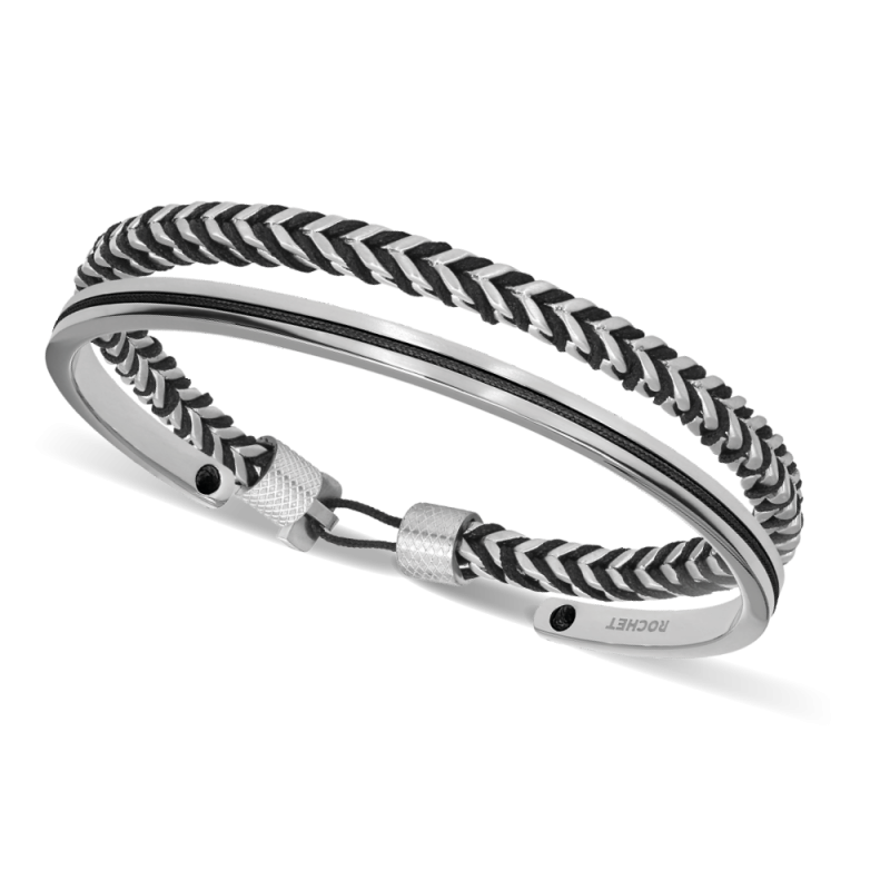 Bracelet argent et noir avec accent noir tressé et ligne centrale.
