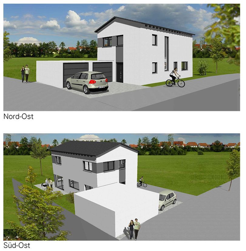 Zwei perspektivische Ansichten eines modernen, weißen Hauses mit Garage, beschriftet mit „Nord-Ost“ und „Süd-Ost“.