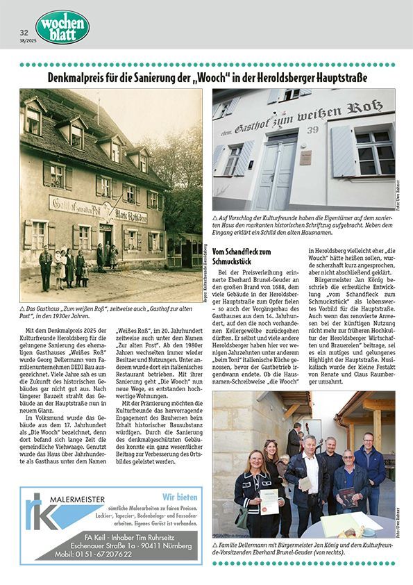 Artikel mit historischen Fotos eines Gebäudes und Gruppenfoto.